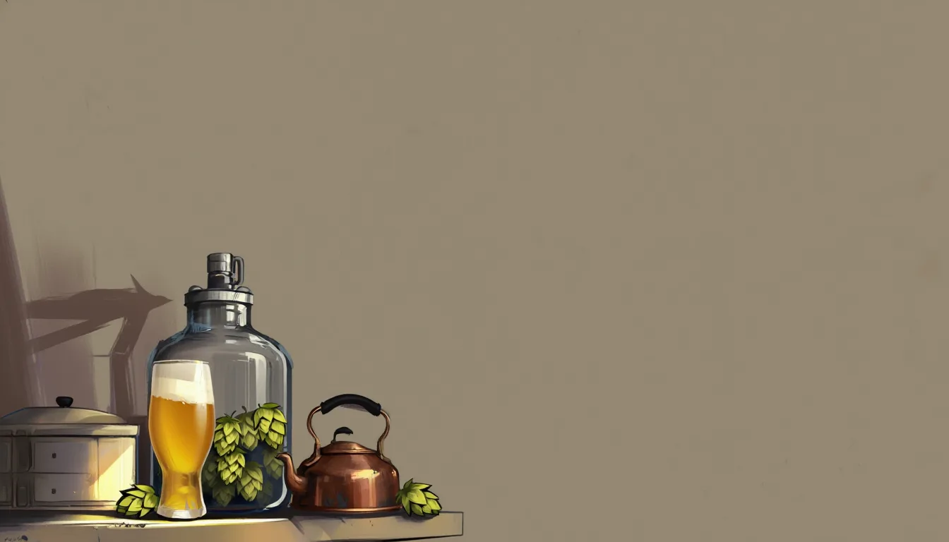 A homebrew setup on a kitchen counter, a glass of golden beer in front
